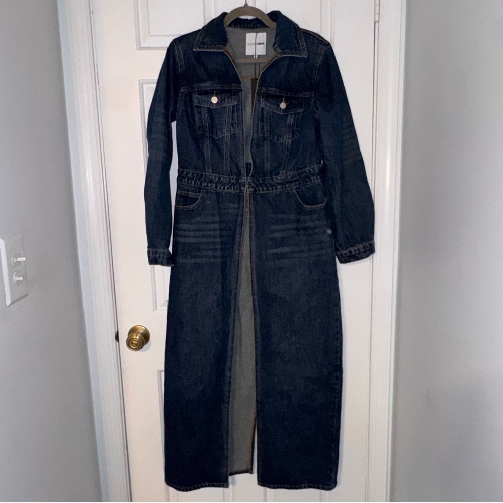 Fashion Nova medium blue wash Trench Coat floor length S NWT - Picture 3 of 15